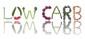 Fruits, vegetables and seeds spelling the word low carb